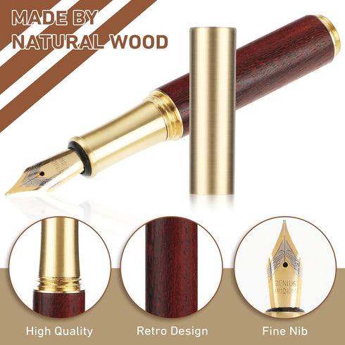 Vintage Wooden Mini Fountain Pen, Short Pocket Travel Fountain Pen Fine Nip Pen Fancy Pens Smooth Writing with 15 Pcs 2.6mm Black Ink Cartridges f...