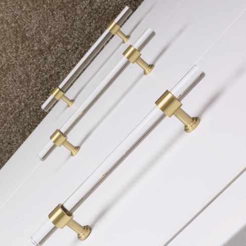 QOGRISUN 2-Pack Acrylic Cabinet Pulls with Brass Base, Gold Modern Drawer Handles, 3-3/4-inch Hole Center for Kitchen, Dresser Drawer Clear Glass ...