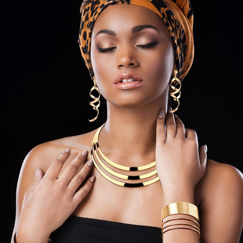 JOERICA Bib Choker Necklace Set for Women Wide Cuff Bangle Bracelets Long Statement Dangle Earrings African Costume Jewelry Set...