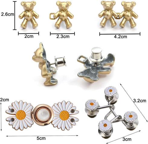 Bear Jean Buttons Pins, 17 Pair Adjustable Flower Bear Jean Button Pin Pant Waist Tightener Jean Tightener Bear Jeans Buttons Waist Tightener Clip...