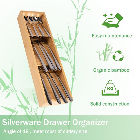 Bamboo Silverware Drawer Organizer, Compact Utensil Organizer, Silverware Organizer Tray Utensil Organizer for Flatware, Cutlery, Spoon and Knives...