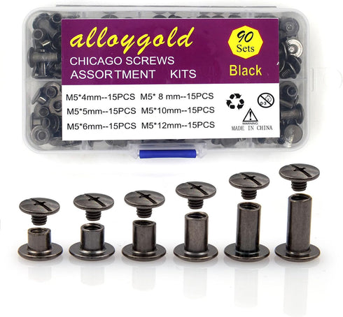 90 Sets Black Chicago Screw Leather Assorted Kit ?6 Sizes of Screw Rivets for Leather Rivet ?for DIY Leather Craft and Bookbinding (M5 X 4, 5, 6, ...