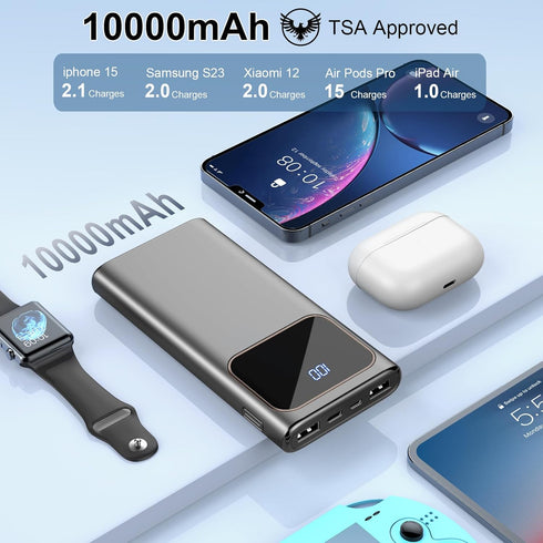 Portable Charger, 10000mAh Power Bank, Fast Charging Battery Pack with USB C/USB A Output, Tri-Outputs Digital Display Portable Phone Charger for ...