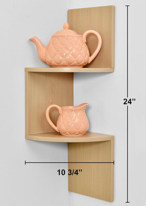 Greenco 2-Tier Corner Shelves, Natural Finish | Floating Wall-Mounted Home Decor Set | Wall Shelf | Living Room, Bedroom, Bathroom, Office, House,...
