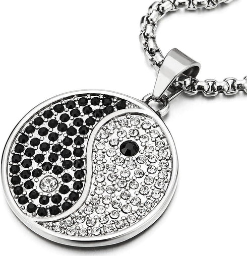 COOLSTEELANDBEYOND Mens Women Stainless Steel Black White Cubic Zirconia Yin Yang Pendant Necklace, 30 inch Wheat Chain...