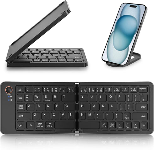 Mini Foldable Bluetooth Keyboard - Portable Wireless Full Size Keyboard (Sync Up to 3 Devices), Ultra-Slim Aluminum Travel Folding Keyboard for iP...