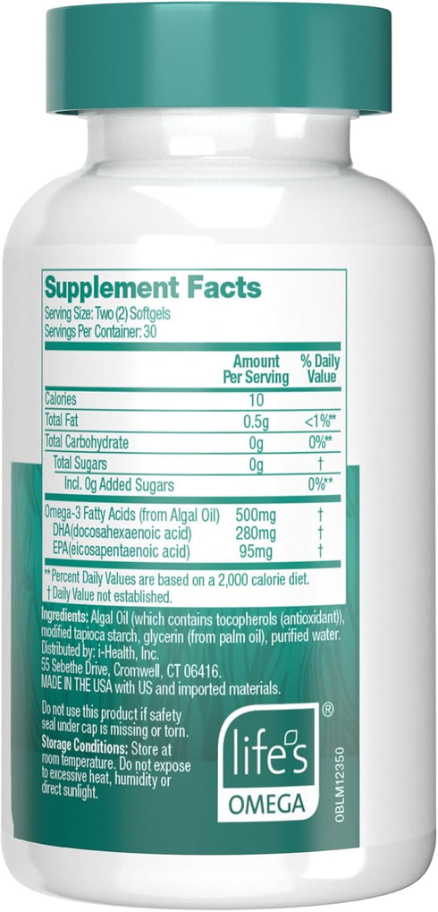 OVEGA-3 Plant-Based Omega-3 from Algal Oil Daily Supplement, 500mg, Supports Brain, Eye & Heart Health, Two Mini softgels per Day, 60 Count...