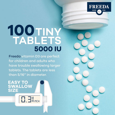 FREEDA Vitamin D3-5000 IU - Pure High Potency Kosher Supplement Tablets - Bone and Muscle Health, Calcium Absorption, Immune Support for Men and W...