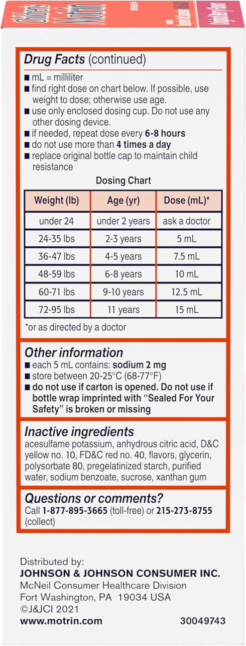 Children's Motrin Oral Suspension Medicine, 100 mg Ibuprofen, Kids Fever Reducer & Pain Reliever for Minor Aches & Pains Due to Cold & Flu, Alcoho...
