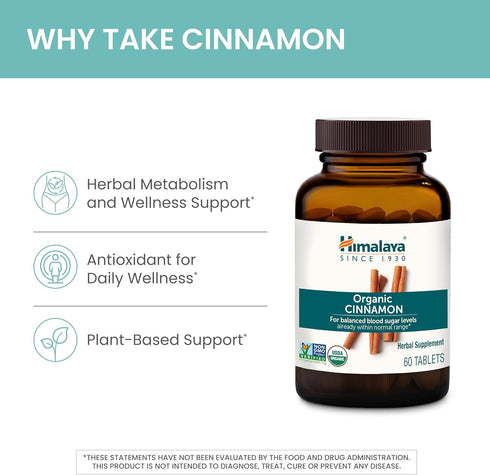 Himalaya Organic Cinnamon, for Glycemic Support, 1100 mg Daily, 60 Tablets, from Cassia Cinnamon Bark and Ceylon Cinnamon Extract, Non-GMO Project...
