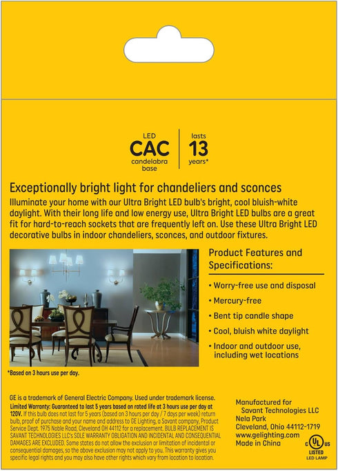GE Ultra Bright LED Light Bulbs, 100W, Daylight Candle Lights, Clear Decorative CA12 Light Bulbs, Candelabara Base (3 Pack)...