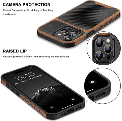 TENDLIN Compatible with iPhone 15 Pro Case Wood Grain with Carbon Fiber Texture Design Leather Hybrid Slim Case (Black)......