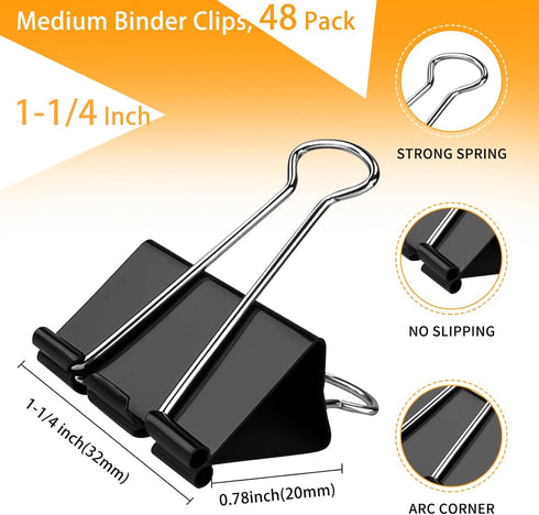 Medium Binder Clips, 48 Pack, 1-1/4 Inch, 1.25 Inch, Standard 32mm, Black, Medium Clips, Fold Clamp, Medium Binder Paper Clips, Medium Size, Offic...