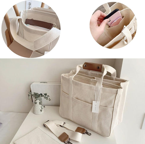 Women Canvas Tote Bag with Multi Pockets High Capacity Handbag Leisure Bag for Mommy Storage Bag...