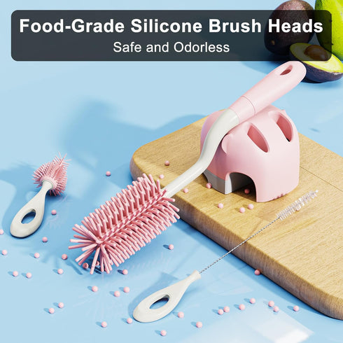 Silicone Bottle Brush Set with Stand, 360° Rotating Silicone Bottle Cleaning Brush Cleaner Set, Long Handle 3 in 1 multipurpose Silicone Baby Bott...
