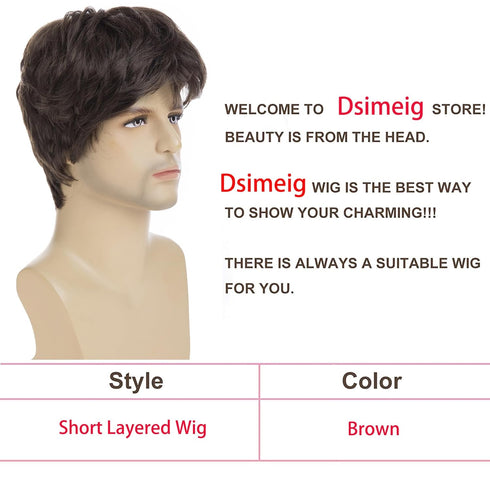 Mens Short Brown Wig Synthetic Natural Replacement Hair Wig for Daily Party Wear...