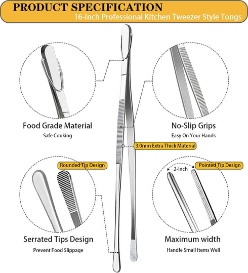 JETKONG 16-Inch Fine Tweezer Tongs Extra-Long Cooking Tweezer Stainless Steel Kitchen Tweezers (Round-Tips)...