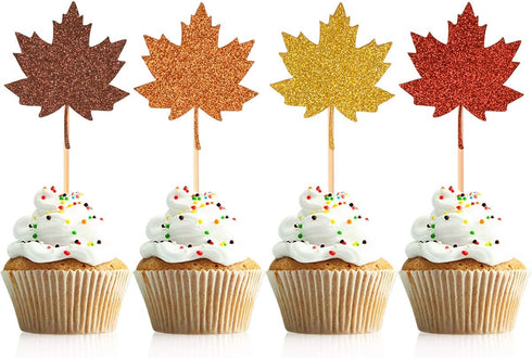 48 Pcs Glitter Maple Leaf Cupcake Topper Picks for Thanksgiving Fall Harvest Party Cake Decorations...