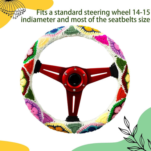 Geelin 3 Pcs Crochet Steering Wheel Cover with Crochet Belt Cover Boho Floral Crochet Car Steering Wheel Cover Handmade Seat Belt Shoulder Cover P...