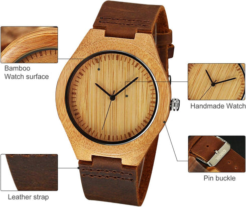 Mens Wooden Watches Brown Cowhide Leather Strap Casual Watch for Groomsmen Gift with Box...