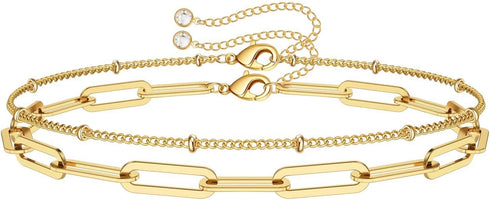 Dainty Gold Bracelets for Women, 14K Gold Plated Adjustable Layered Bracelet Cute Evil Eye Oval Chain Pearl Bar Turtle Gold Bracelets for Women Je...