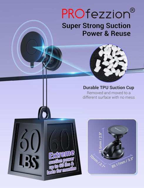 PROfezzion Multi-Surface Suction Mount Compatible with MagSafe iPhone 15 14 13 12 & All Phones, Detachable Hands-Free Phone Holder for Mirror, Gla...