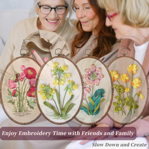 FONNUY Ribbon Embroidery 3D Flowers Pattern Design Kit Embroidery DIY Handwork Set Oval Home Decoration (Pink Crabapple)......