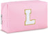 Initial Makeup Bag for Women Travel Small PU Leather Cosmetic Bag Cute Pink Personalized Preppy Chenille Letter Makeup Pouch for Purse Zippered To...