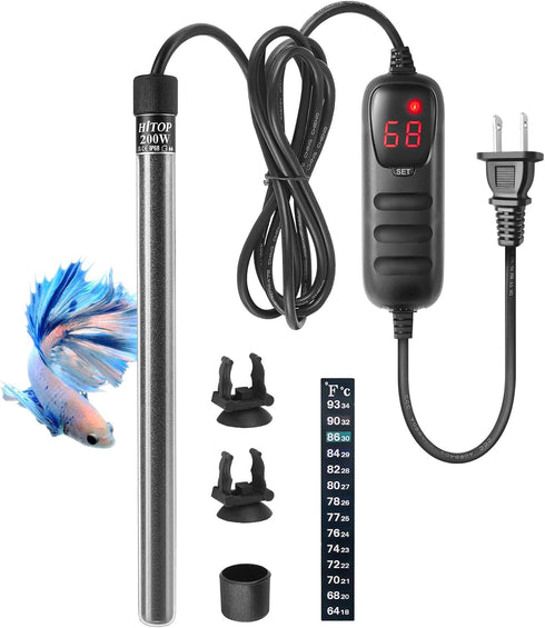 HITOP Mini Submersible Aquarium Heater - 200W Digital Heater for Fish Tank Turtle Tank 25-50 Gallon?Saltwater and Fresh Water with Temperature Con...