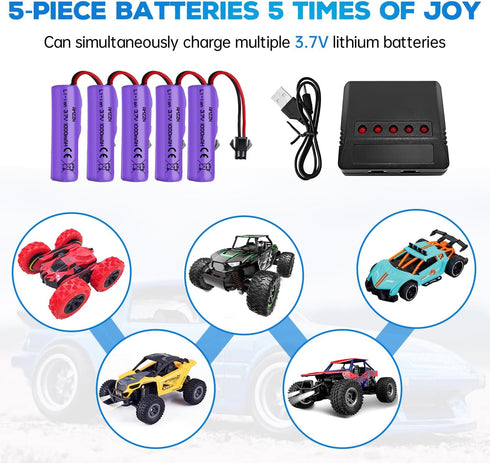 5PCS 3.7V 1000mAh Lipo Battery With 5-IN-1 Charger RC Toy Car Battery SM-2P Plug For TB202 TB201 TM201 TM202 TC141 DE35 DE38 DE40 DE50 RC Cars,Tru...
