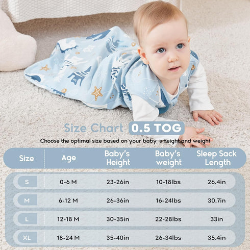 Yoofoss Baby Sleep Sack 0-6 Months 0.5 TOG Baby Wearable Blanket, 100% Cotton Infant Toddler Sleeping Sack 2-Way Zipper Lightweight Sleepsack, Sea...