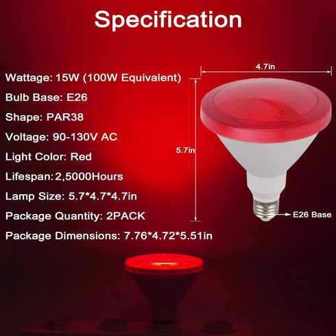 CICINY Par38 Red Flood Light Bulb - 15W (100Watt Equivalent) - E26 Base Red LED Flood Lights 2 Pack, Party Decoration, Porch, Home Lighting, Holid...