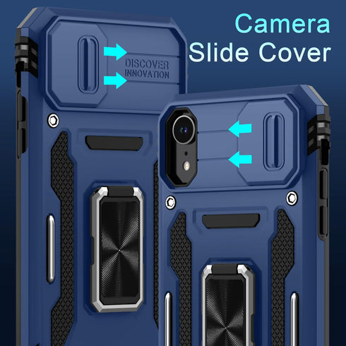 DEERLAMN for iPhone XR Case with Slide Camera Cover+Screen Protector (1 Pack),Rotated Ring Kickstand Military Grade Shockproof Protective Cover 6....