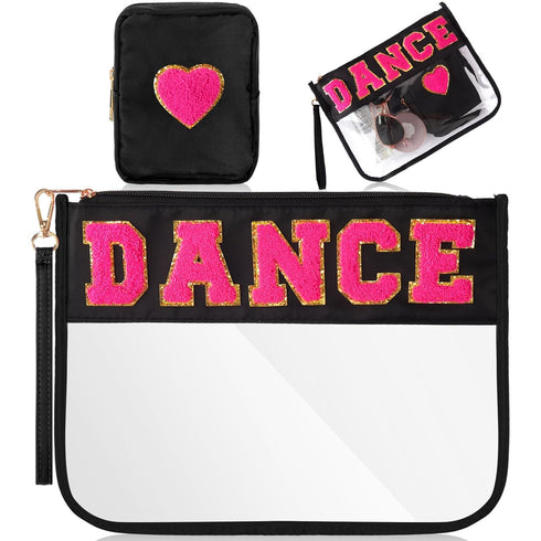 Hillban 2 Pcs Dance Theme Gifts Chenille Letter Bags Dance Preppy Patch Makeup Bag Flat Clear Pouch PVC Organizer Purse Waterproof Travel Cosmetic...