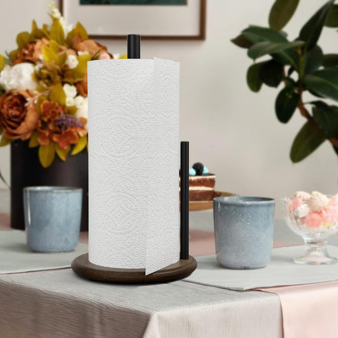 Paper Towel Holder Countertop with Real Wood Round Base, Farmhouse Paper Towel Holder Stand for Kitchen Roll Organize, Wooden Paper Towel Holder f...