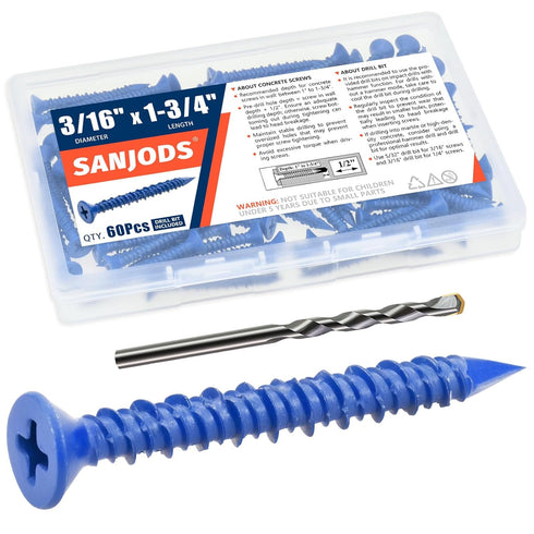 3/16" x 1-3/4" Concrete Screw Anchor, Blue Flat Head Screws for Anchoring to Masonry, Brick, Block, Cement or Stucco (Pack of 60)...