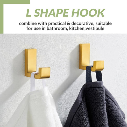 APLusee L Shape Bath Towel Hook 2 Pack, 304 Stainless Steel Coat Holder, Wall Mounted Storage Hanger for Bathroom Kitchen, Brushed Gold...