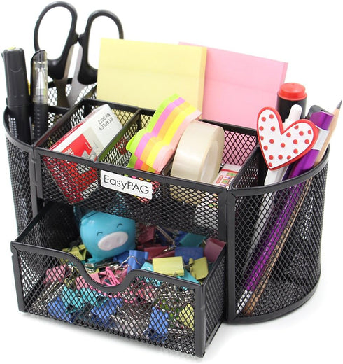 EasyPAG Desk Organizer Mesh Desktop Office Supplies Multi-functional Caddy Pen Holder Stationery with 8 Compartments and 1 Drawer,Black...