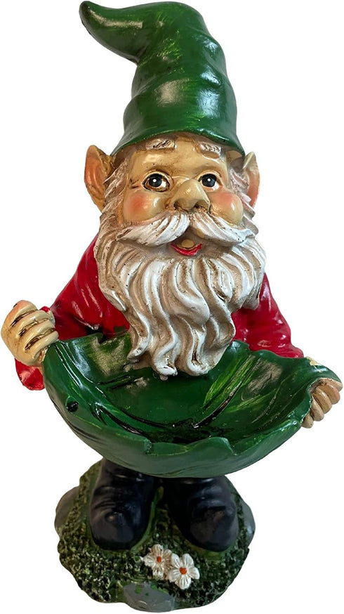 Garden Gnome Outdoor Statue with Bird Feeder (Green Leaf)...