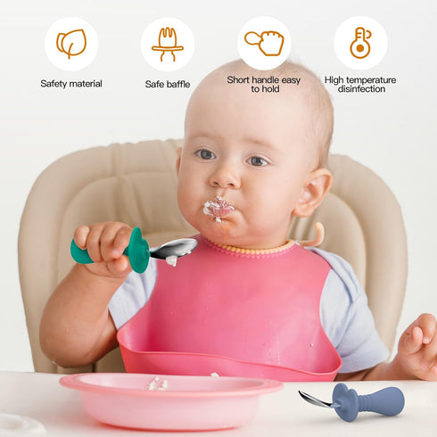 4 Pcs Baby Spoons Toddler Spoons for Self Feeding, Kids Spoons with Silicone Round Handle, Stainless Steel Toddler Utensils Children Safe Silverwa...