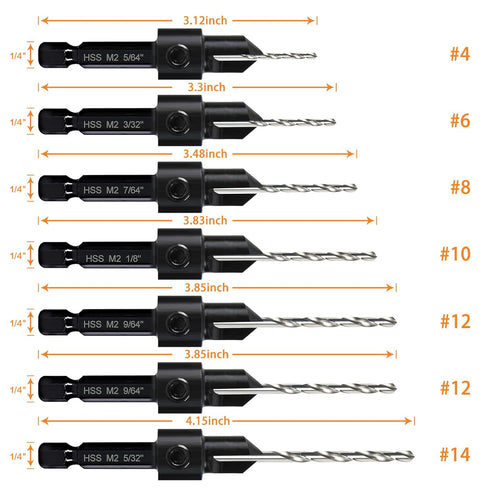 Countersink Drill Bit Set, 7-Piece Woodworking M2 Countersink Drill Bits for #4, 6, 8, 10, 12, 14 Screws, 82-Degree Chamfer, ¼” Hex Shank, 2 Allen...