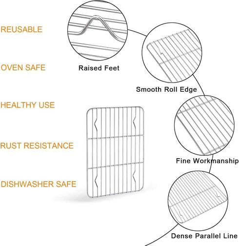 TeamFar 10.5’’ x 8’’ x 1’’ Toaster Oven Pan with Rack Set, Small Baking Pans Tray Stainless Steel with Cooling Rack Set of 4, Non-Toxic & Heavy Du...