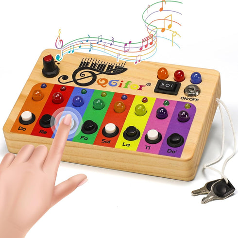 Autism Sensory Montessori Toys for 1 Year Old, Toddlers Busy Board for 1 2 3 4 Year Old, Wooden Switch Button Musical Mini Piano Key with LED Ligh...