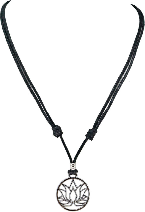 BlueRica Lotus Flower Pendant on Adjustable Black Cord Necklace (Chrome Finish)...