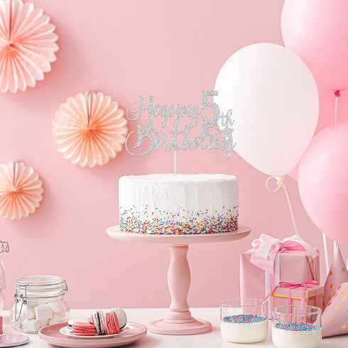 Silver Glitter Happy 5th Birthday Cake Topper - 5th Birthday Cake Topper, 5th Birthday Party Decoration...