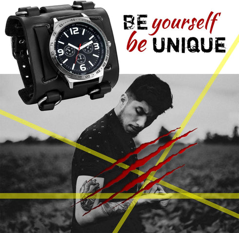 Mens Steampunk Retro Genuine Leather Replaceable Watch Military Japan Quartz Hip-hop Gothic Wide Bracelet Cuff Big Black Dial Sport Wrist Watches...