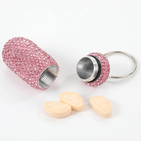 Bling Pill Case Portable Travel Pill Container Bottle Rhinestone Waterproof Small Pill Holder with Keychain Cute Mini Pill Storage Box for Outdoor...