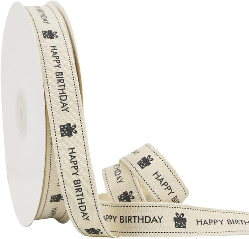 HUIHUANG 3/4 Inch Happy Birthday Cotton Ribbon Natural Fabric Cotton Ribbon for Gift Wrapping Crafts Home Decor Floral Bouquet Party Decoration Ba...