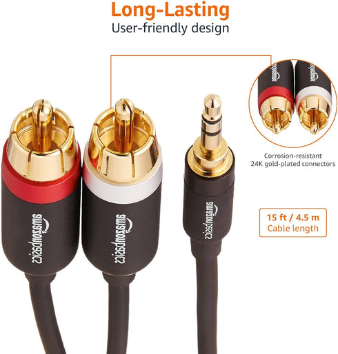 Amazon Basics 3.5 Aux to 2 x RCA Adapters, Audio Cable for Amplifiers, Active Speakers with Gold-Plated Plugs, 15 Feet/4.6 m, Black...