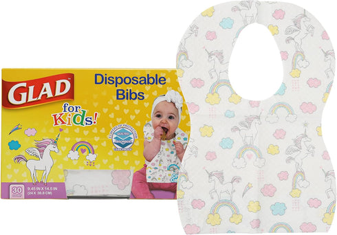 Glad for Unicorns Paper Bibs, 30 Count | Disposable Travel Paper Bibs with Cute Unicorns Design for Kids | Art & Craft Disposable Kids Bibs...